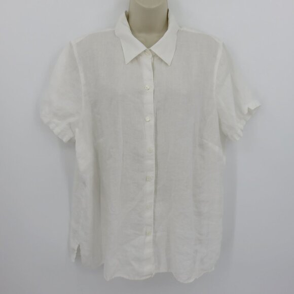 LL Bean Women Plus 1X Linen White Collar Short Sleeve Button Front Shirt Top - Picture 9 of 10